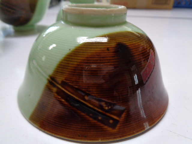 D162-60 時代 古磁器 青磁茶碗 染付 扇画 4客セット 直径11.5センチ 高さ5.5センチ アンティーク_画像2