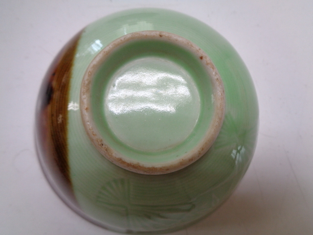 D162-60 時代 古磁器 青磁茶碗 染付 扇画 4客セット 直径11.5センチ 高さ5.5センチ アンティーク_画像4