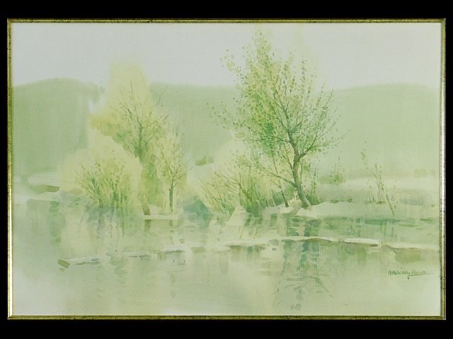 何強華 静謐 河辺風景 水彩画 中国画 額装 中国美術家協会会員 何強華 静謐 河辺風景 水彩画 中国画 額装 中国美術家協会会員