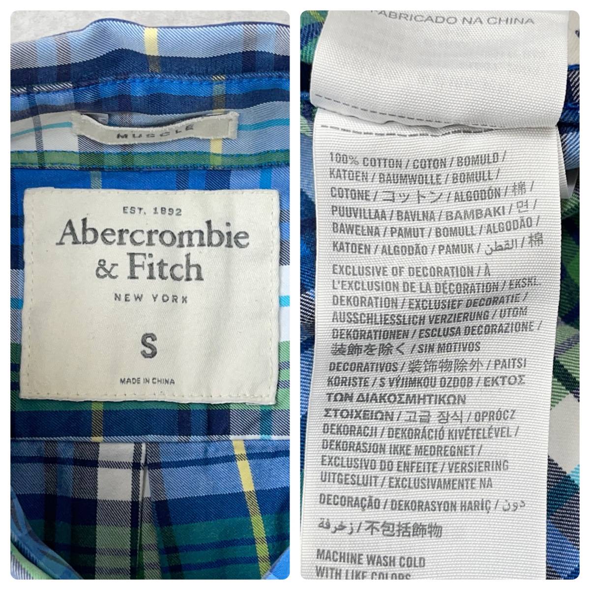 ☆送料無料☆ Abercrombie＆Fitch アバクロンビー&フィッチ アバクロ 古着 半袖 チェック ボタンダウン シャツ メンズ S ブルー トップス_画像8