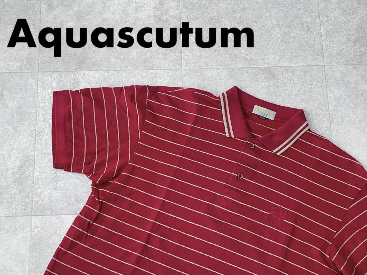 ☆送料無料☆ Aquascutum アクアスキュータム 古着 半袖 ボーダー ポロシャツ メンズ M レッド トップス 中古 即決_画像1