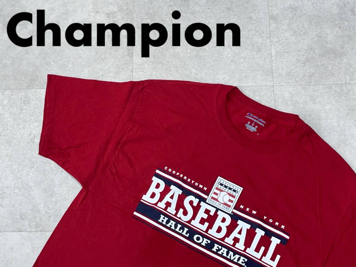 ☆送料無料☆ Champion チャンピオン 古着 半袖 MLB アメリカ野球殿堂博物館 Tシャツ メンズ L レッド トップス 中古 即決_画像1