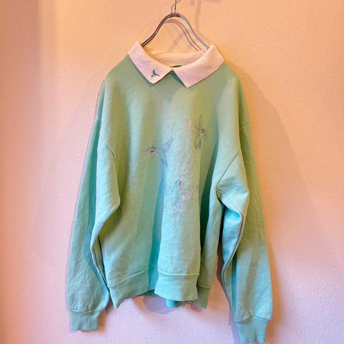  collar attaching sweatshirt bird embroidery pastel /Y218