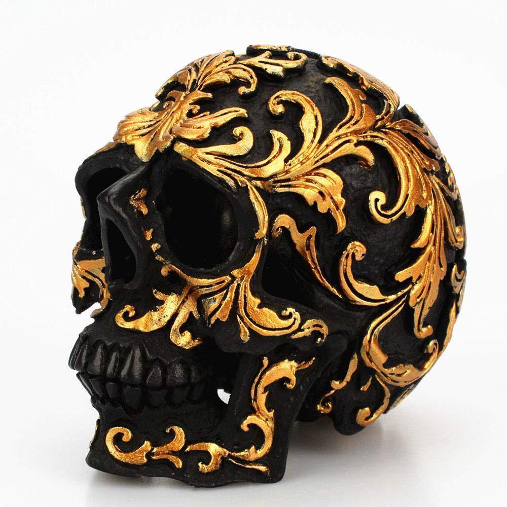 【お得】 黒地にゴールデンのパターンがデザインされた 装飾(輸入品 レジンクラフト製彫刻 スカル（頭蓋骨） エスニック