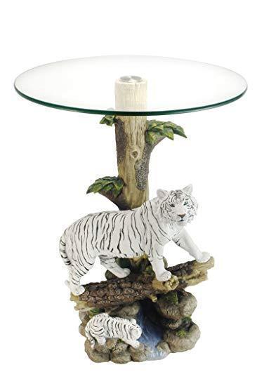 動物彫刻 ガラストップ エンドテーブル- ホワイト・タイガー彫刻台座 彫像 高さ約60ｃｍ/ 書斎 貴賓室（輸入品）