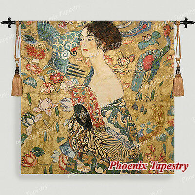 グスタフ・クリムト作　扇子を持った 美しい女性 タペストリージャカード織 壁掛けアート装飾 コットン製 壁掛け（輸入品