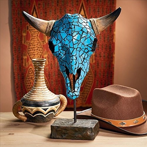 西洋のターコイズで象徴された牛頭蓋骨の彫像 彫刻/ カフェバー エスニックカフェ レストラン（輸入品