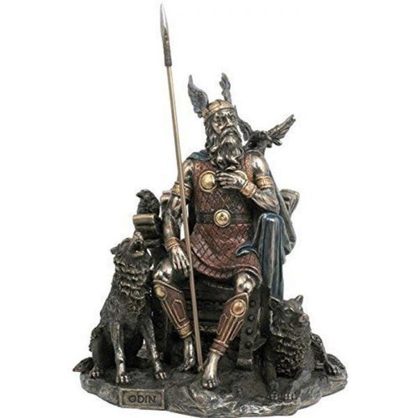 北欧神 狼と烏を連れ、槍を持って座った、オーディン彫像 ブロンズ風彫刻/ 戦争と死の神 詩文の神（輸入品