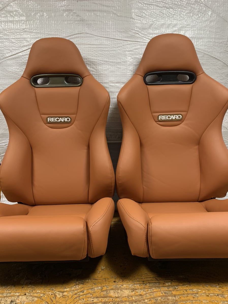 59.60.レカロ RECARO 2脚セット SP-J 茶フェイクレザー張り替え 張替え 張替 ブラウンシングルステッチ 片側ダイヤル 