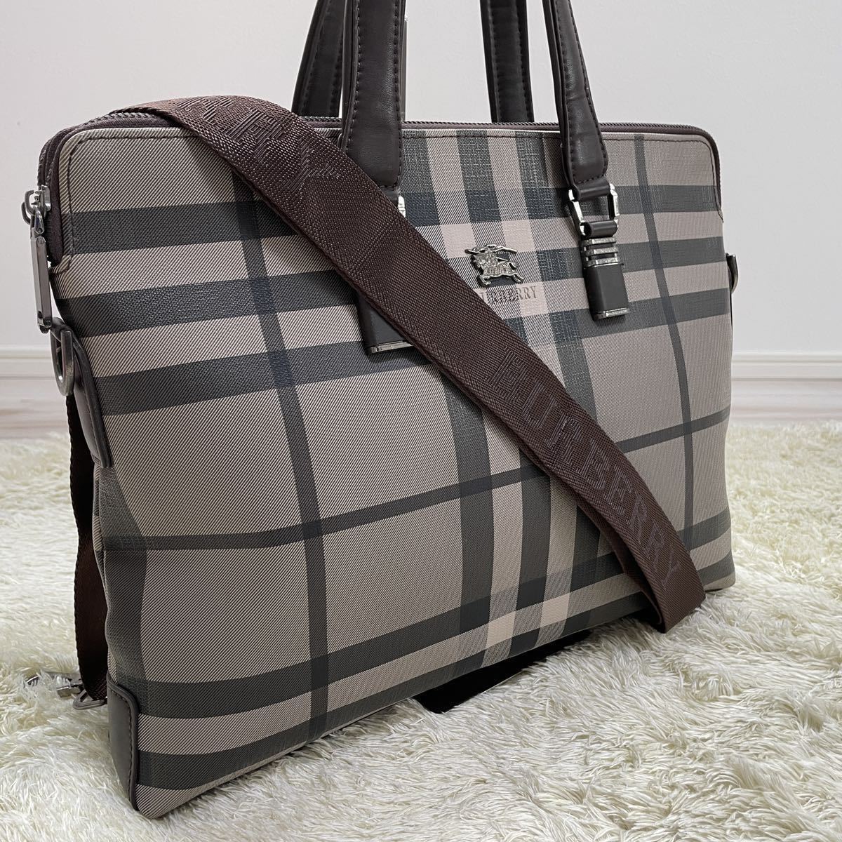 1円 美品 BURBERRY バーバリー 2way ビジネスバッグ チェック柄 PVC