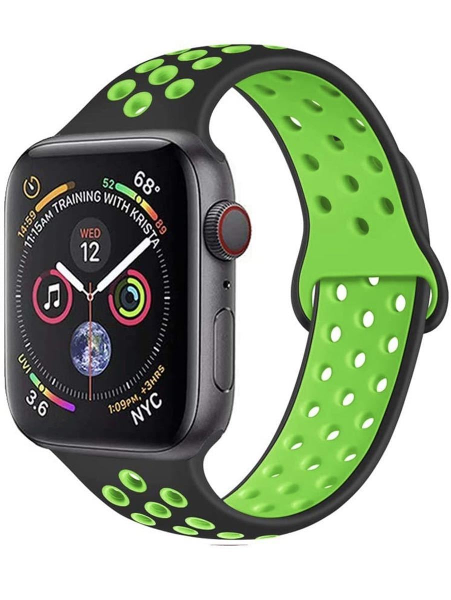 Apple Watch アップルウォッチ バンド シリコン 交換ベルト　ラバーベルト38/40/41mm シリーズ2345678SE対応  スポーツバンド　通気性　黒緑