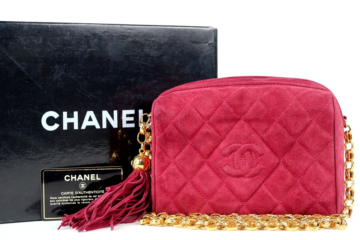 【美品】CHANEL シャネル スエード マトラッセ チェーンショルダーバッグ ポーチ レッド系×ゴールド金具【IE32】