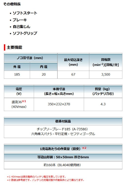 マキタ CS001GRMX(バッテリ2個・充電器・ケース・チップソー付) 185mm チップソーカッタ 40Vmax_画像2