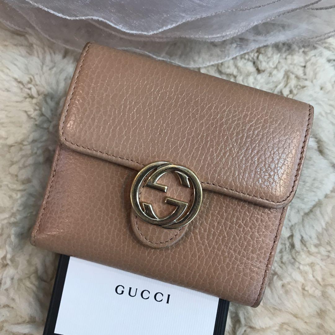 GUCCI グッチ 二つ折り財布 インターロッキングG ベージュ Wホック財布