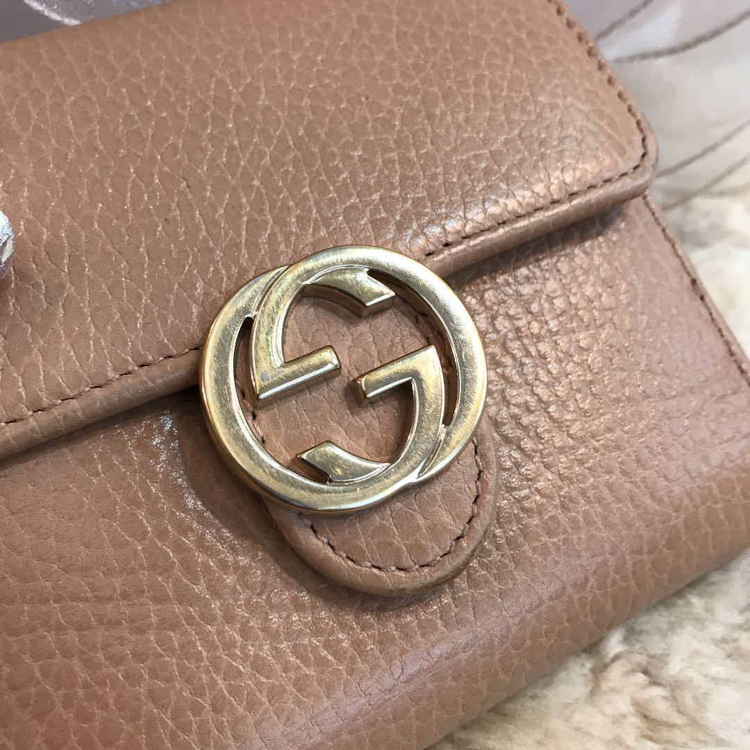 GUCCI グッチ 二つ折り財布 インターロッキングG ベージュ Wホック財布