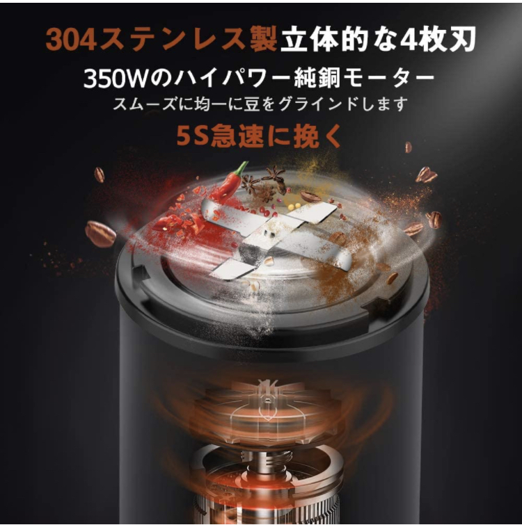 自動電動コーヒーミル コーヒーグラインダー ミルミキサー 粉末 コーヒー豆 ひき機 水洗い可能 豆挽き/緑茶/山椒/お米/調味料/穀物 350W