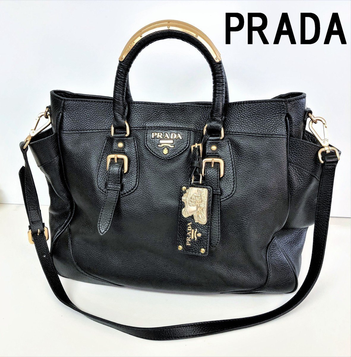 PRADA/レザーバッグ/2way/持ち手ゴールド金具付き/タグ/ショルダー