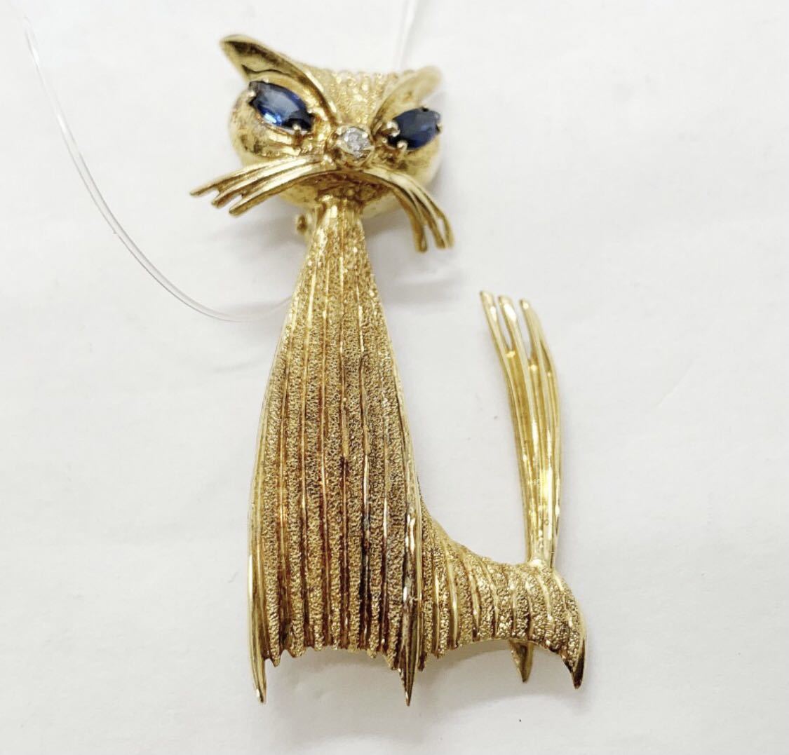 [美品] K18YG天然サファイアダイヤモンドイエローゴールド金猫ネコブローチ