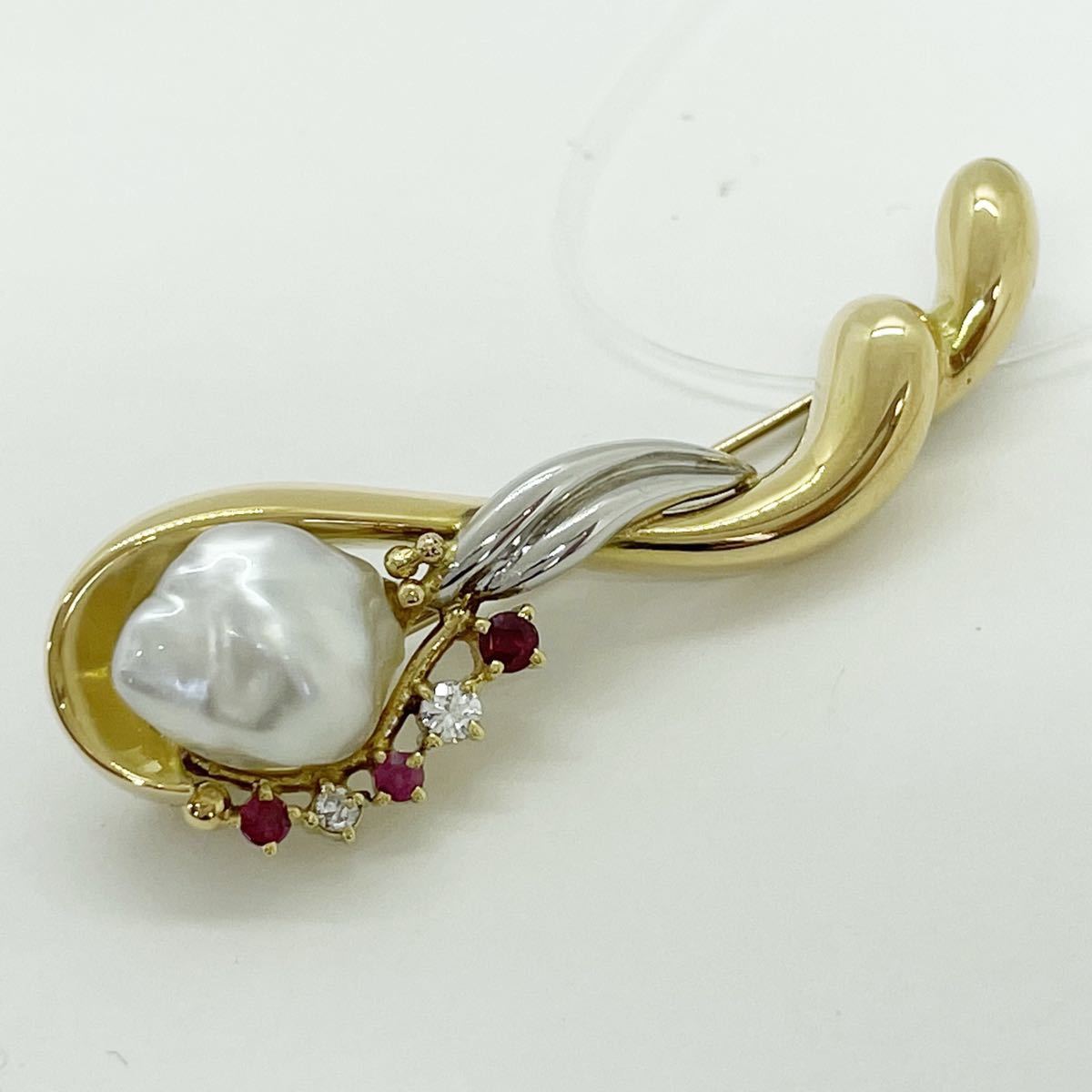 美品 K18YG Pt900ゴールドプラチナ金天然バロックパールブローチ 真珠
