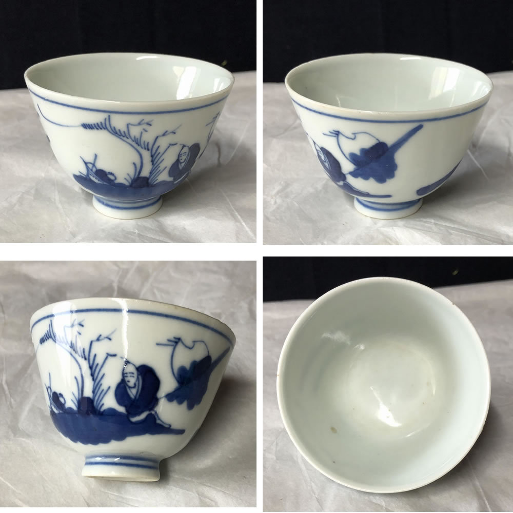 ○e1930 古染付 煎茶碗 寄せ茶碗 5客 木箱入り 古染 中国古陶磁 唐物