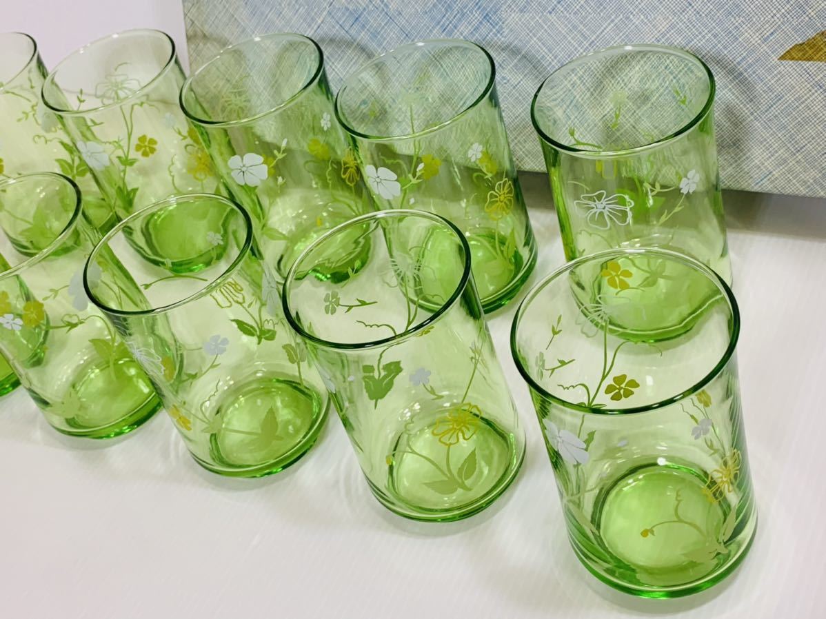 未使用保管品 東洋ガラス TOYO GLASSWARE プリントタンブラー ガラスコップ10個セット クワイア グリーン 花柄 昭和レトロ 日本製_画像3