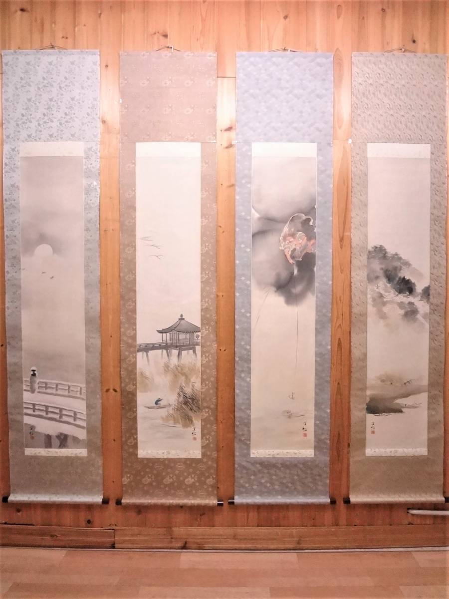 森村宣稲 「近江四季対幅」 日本画 掛軸 共箱 絹本 着色 肉筆 真作