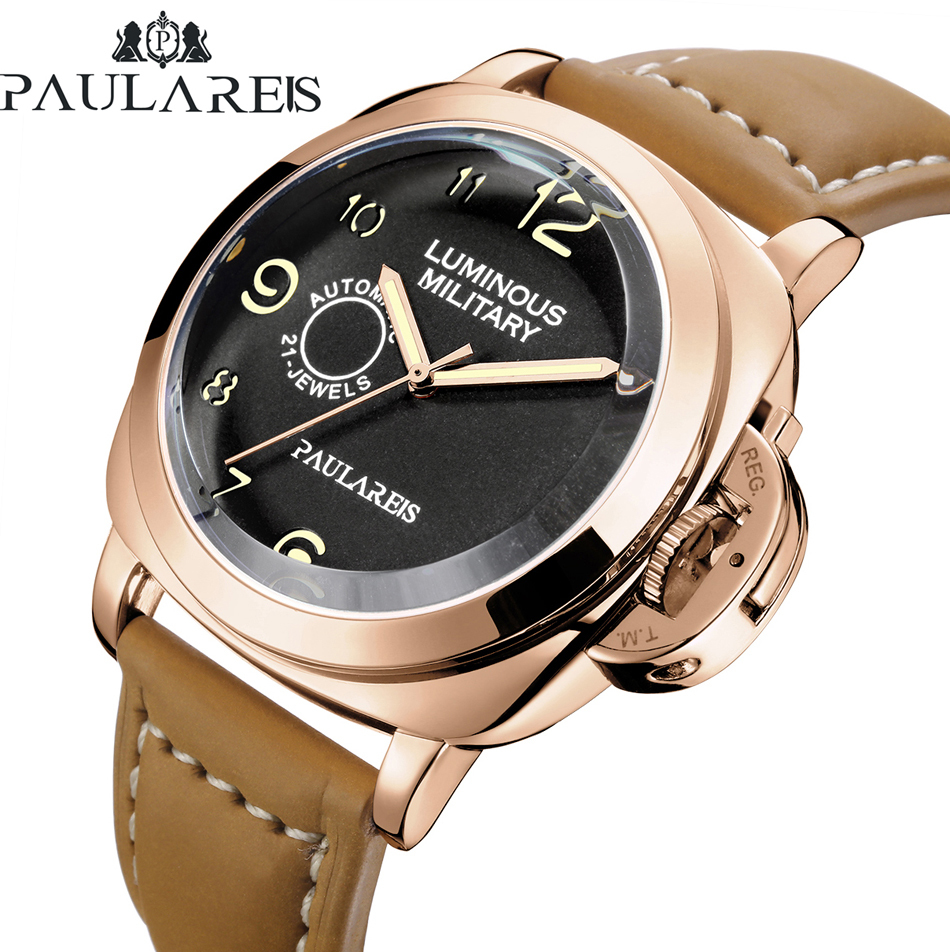 【日本未発売品】最落なし【PAULAREIS】腕時計 Genuine 24mm Brown Leather ローズブラック 自動巻き Radiomirオマージュ