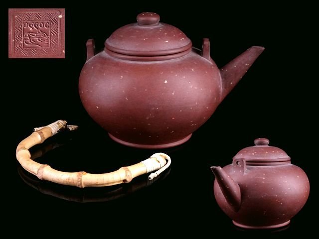 香】時代煎茶道具 唐物 朱泥 梨皮泥 急須 提梁壷 在銘 宜興紫砂 中国