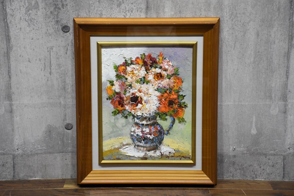 BGC96 真作保証 渡辺ひでき 薔薇 6号 肉筆 油彩画 額装 サイン有 バラ