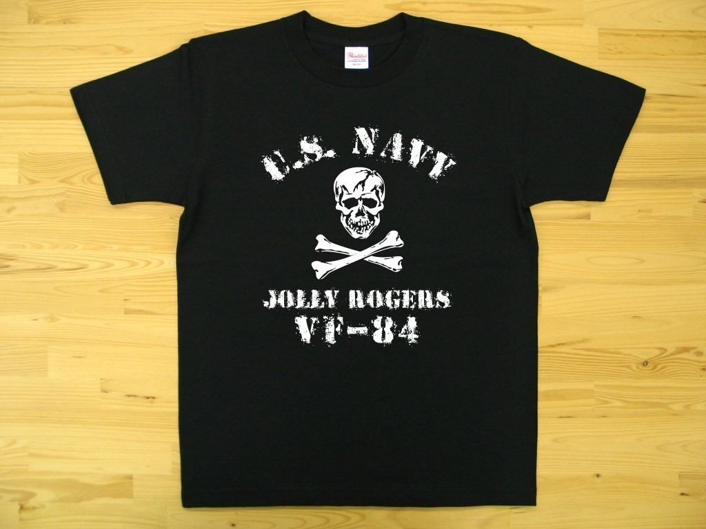 JOLLY ROGERS VF-84 黒 5.6oz 半袖Tシャツ 白 L ミリタリー ジョリーロジャース スカル ドクロ U.S. NAVY_黒（白色プリント）