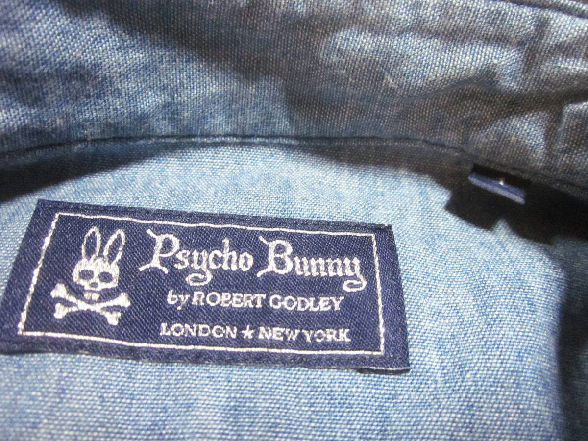 送料無料!!　Psycho Bunny　サイコバニー　刺繍ロゴ　石ボタン　タイト　デニム　シャンブレー　ウエスタンシャツ　1　日本製　FAIRFAX