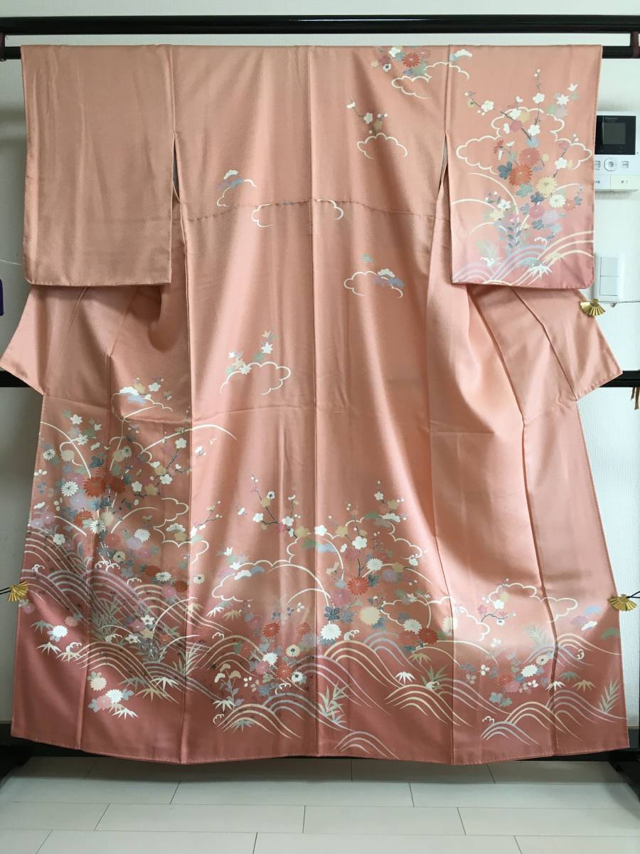 □E0607□中古美品□正絹□宍色暈し地紋松竹梅菊桔梗柄袷訪問着□丈160