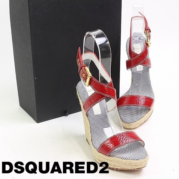 ◆DSQUARED2/ディースクエアード レザー×ジュート ロゴ型押し クロス アンクルストラップ ベルト ウェッジソール 厚底 サンダル レッド 37_画像1