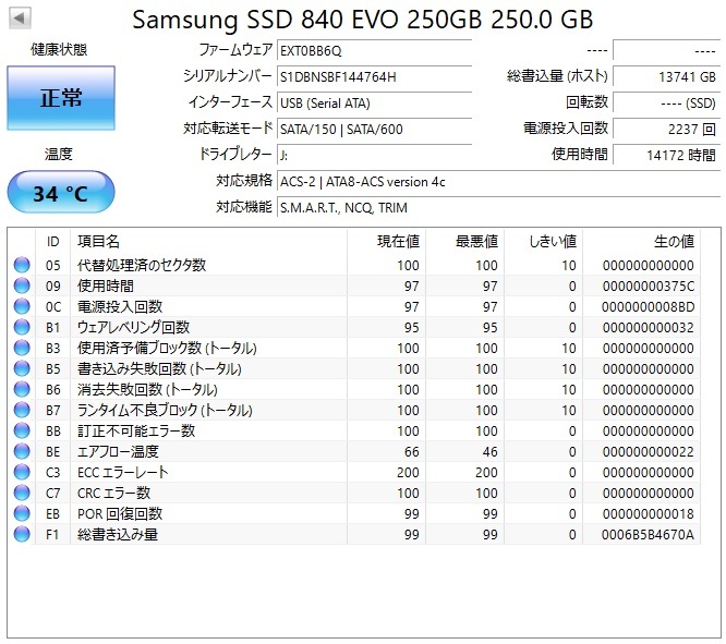 『正常』判定　SAMSUNG SSD 840 EVO 250GB 　■動作品　■送料無料