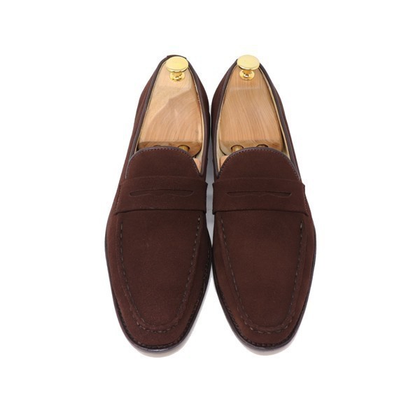 25cm men's hand made original leather suede Loafer slip-on shoes ma Kei made law Italian tea dark brown S300