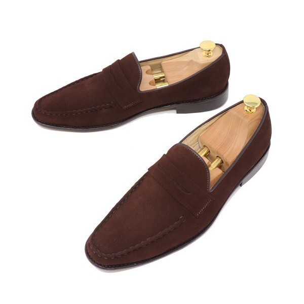 25cm men's hand made original leather suede Loafer slip-on shoes ma Kei made law Italian tea dark brown S300