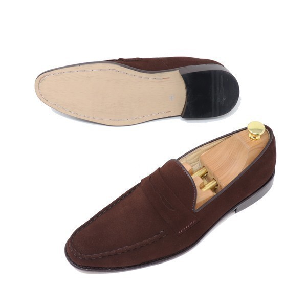 25cm men's hand made original leather suede Loafer slip-on shoes ma Kei made law Italian tea dark brown S300