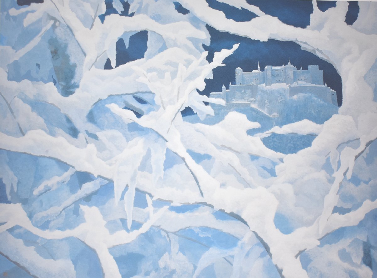 文化勲章受章日本画作家 東山魁夷 複製画 「雪月花 雪の城」額付き