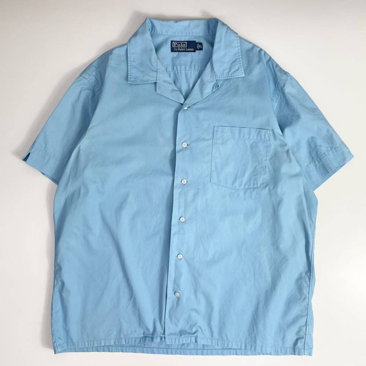 90s POLO Ralph Lauren オープンカラー コットン 半袖 シャツ 水色 XL