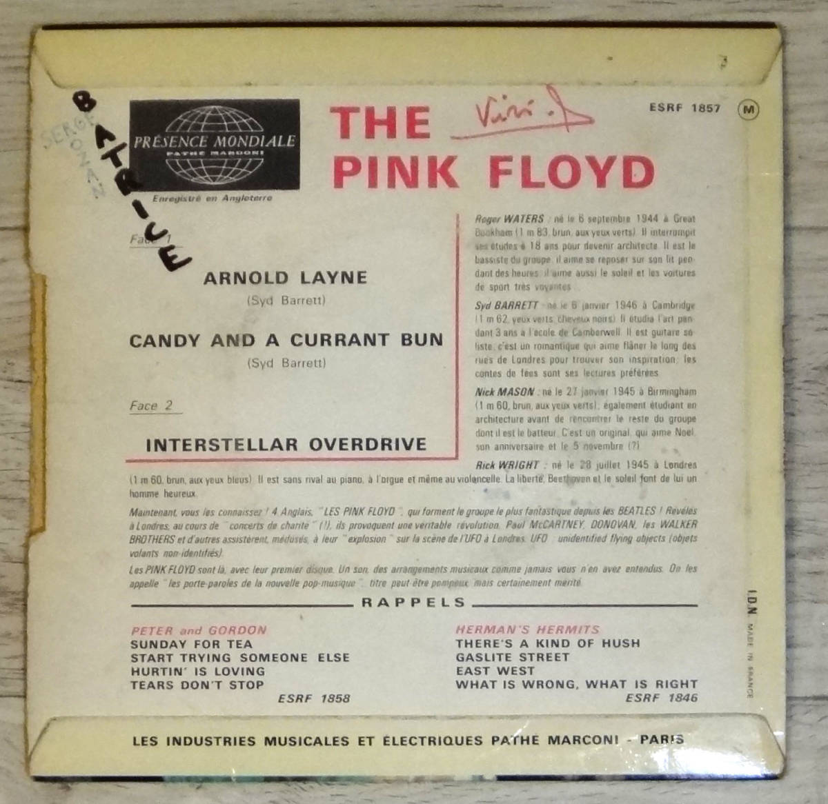  super-rare! France Columbia most the first times BSRF 1857 ARNOLD LAYNE The Pink Floyd most the first. MAT: 21/21