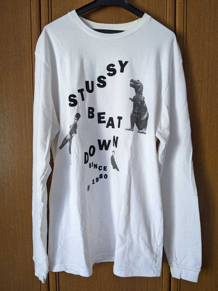 STUSSY футболка с длинным рукавом белый цвет белый чёрный цвет черный L размер динозавр монстр USA производства быстрое решение Stussy Old 90s