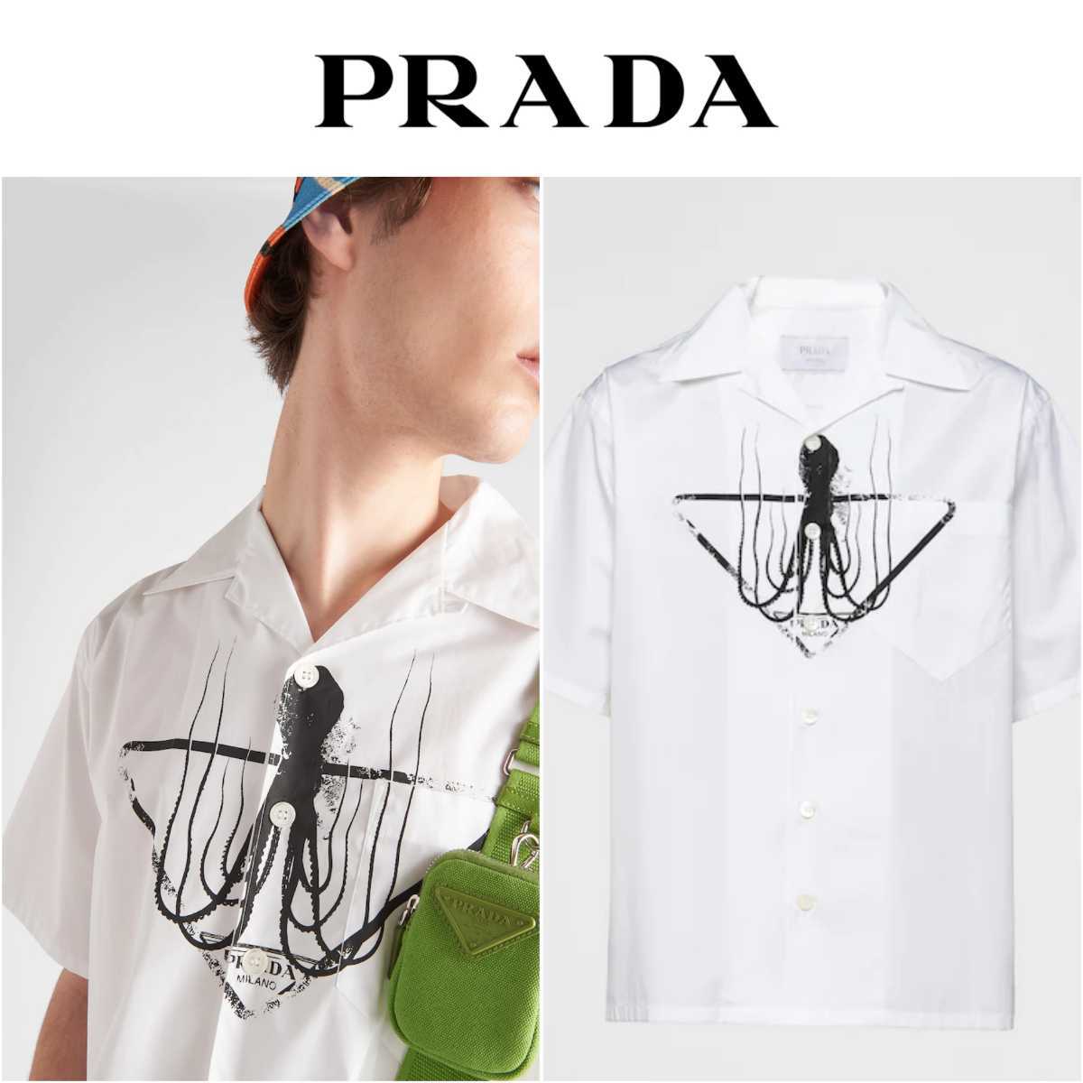 新品 定価14.6万 2022ss PRADA プラダ タトゥー ボーリングシャツ xs 半袖 ホワイト マーメイド ロゴ ニット tシャツ 白  バッグ ナイロン