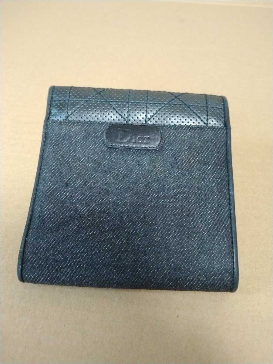  used DIOR Dior three folding purse Denim × leather material black Christian Dior denim × leather wallet free shipping 