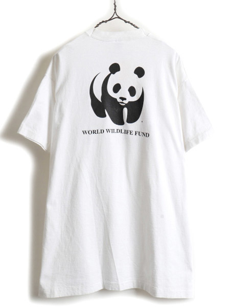 90s USA製 大きいサイズ XL ★ WWF パンダ アニマル 両面 プリント 半袖 Tシャツ ( メンズ ) 古着 90年代 オールド ポケット付き 動物 白