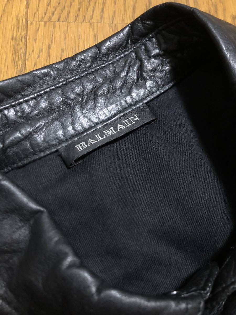 美品 [BALMAIN HOMME] 13SS オリヴィエ・ルスタン期 半袖バイカーレザーシャツ 40 カーフレザー フランス製 ブラック バルマンオム_画像4