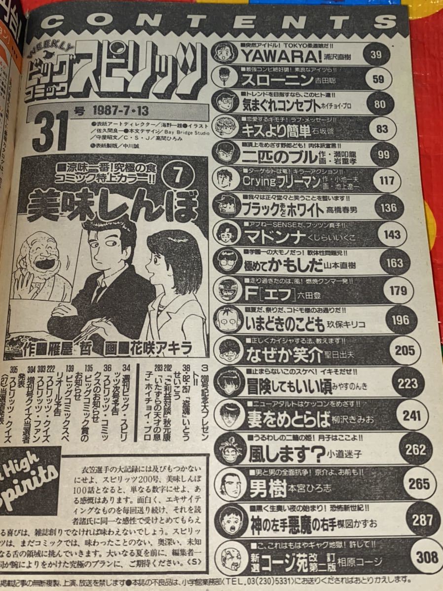 ☆ビッグコミックスピリッツ 昭和62年31 創刊200号 モデル 16歳 本田理沙 美味しんぼ F 六田登 フリーマン 冒険してもいい頃 みやすのんき_画像10