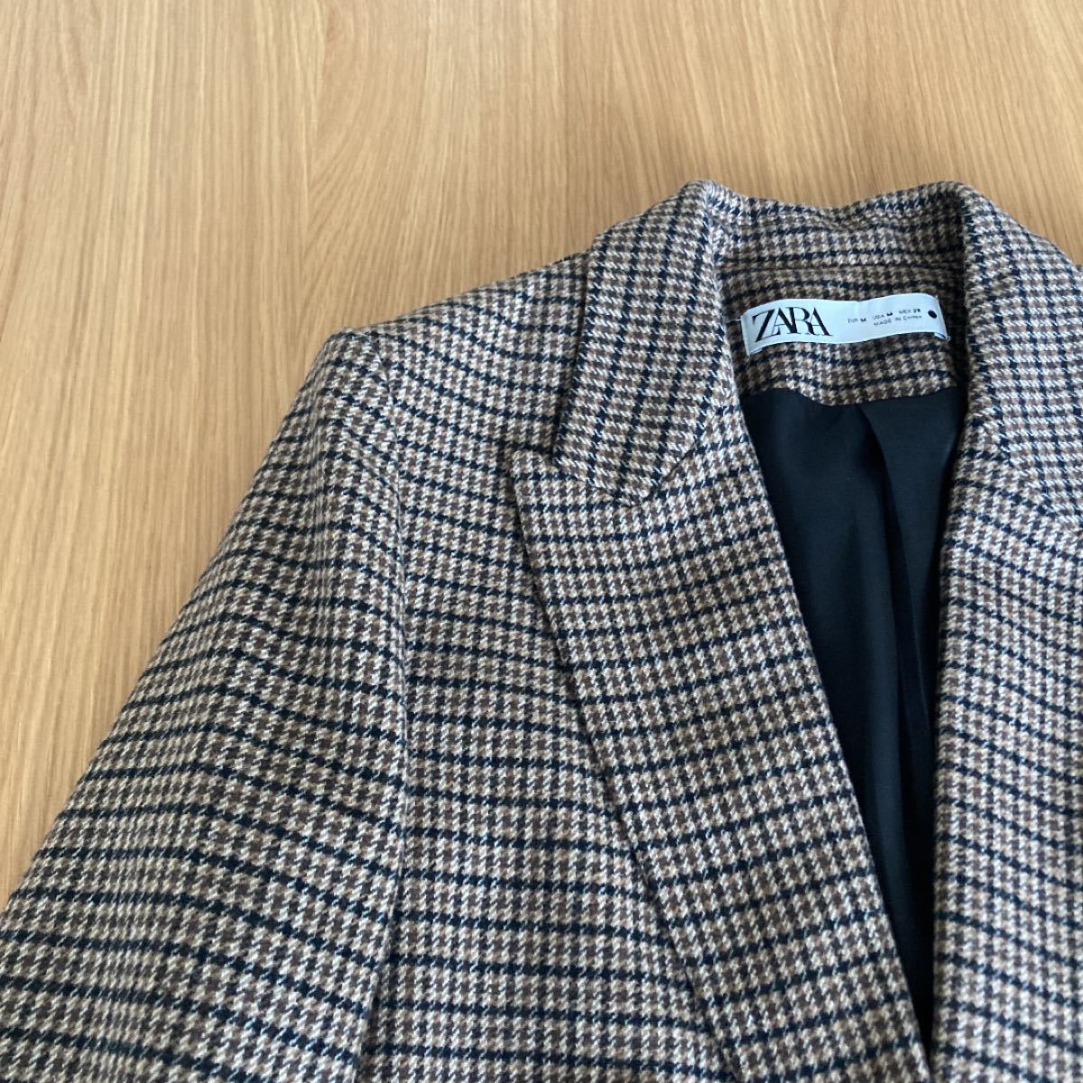 【美品】ZARA ザラ エルボーパッチウールブレンドジャケット チェック柄 テーラードジャケット ブラウン