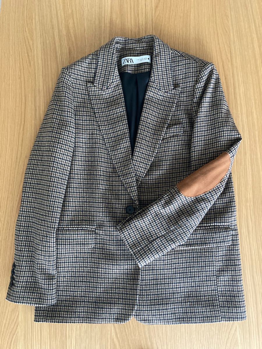 【美品】ZARA ザラ エルボーパッチウールブレンドジャケット チェック柄 テーラードジャケット ブラウン