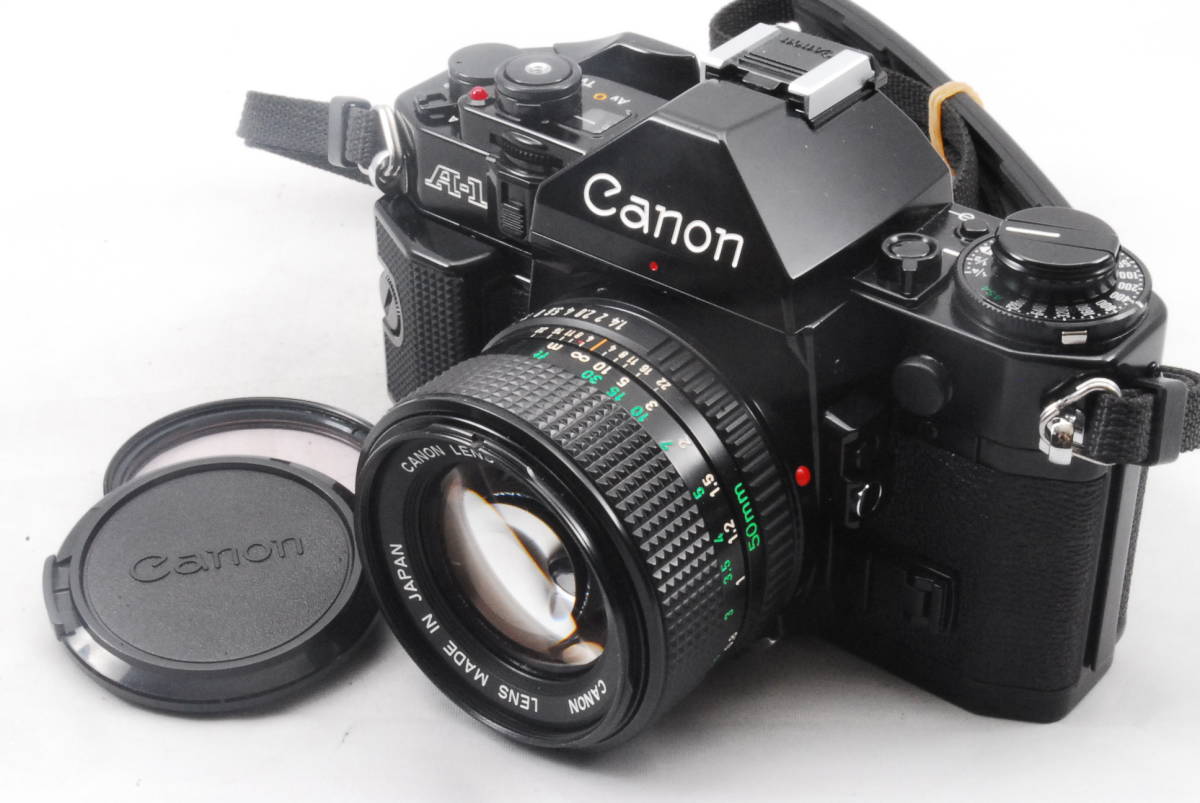 【とても綺麗|鳴き無し】★モルトプレーン新品交換済★ Canon A-1 SLR Film Camera Black #1979 + CANON LENS NEW FD f/1.4 50㎜ #1980_画像1
