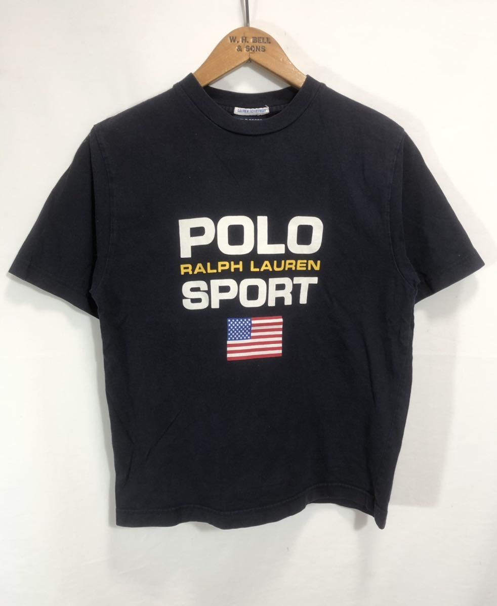 ■ 子供用 POLO SPORT RALPH LAUREN ポロ スポーツ ラルフローレン 星条旗 ロゴプリント 半袖 Tシャツ 古着 サイズM ネイビー アメカジ ■_画像1